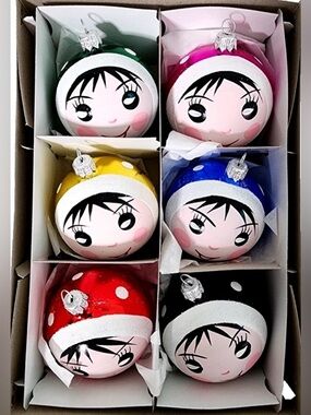 Czech Glass Hand-Painted Set of 6 Retro Christmas Ornaments Faces 3” Vintage